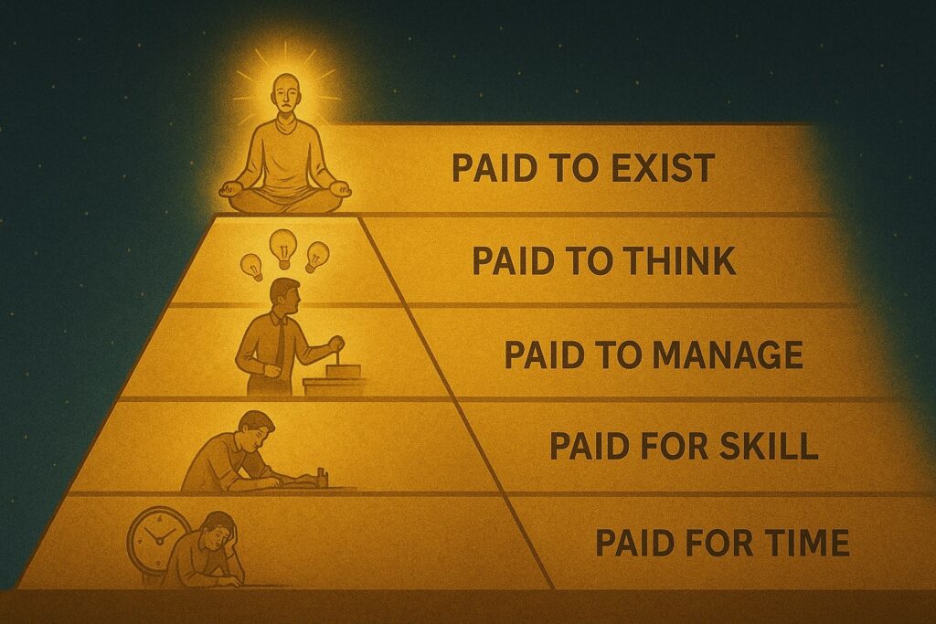 Brian Begin An illustration of a pyramid with five levels labeled: Paid to Exist, Paid to Think, Paid to Manage, Paid for Skill, and Paid for Time, each with a corresponding figure. Brian Begin Podcast