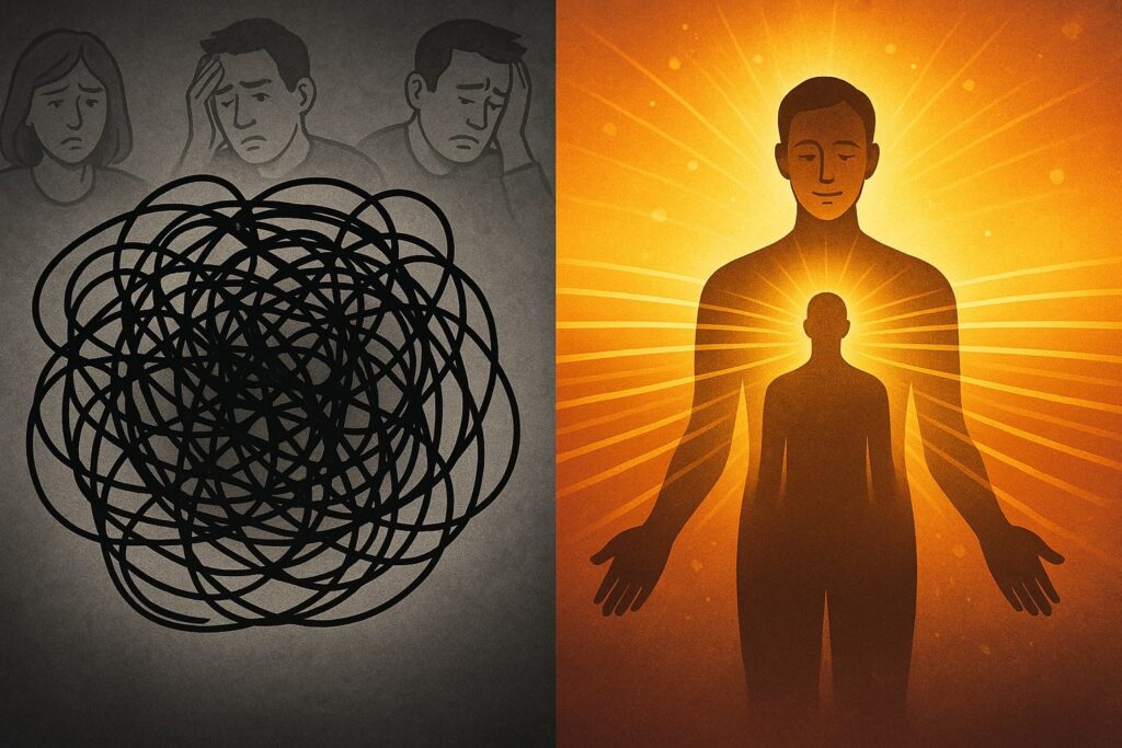 Brian Begin Split image: Left side shows sad faces and a chaotic black scribble; right side shows a glowing person with a smaller figure inside, surrounded by warm light rays. Brian Begin Podcast