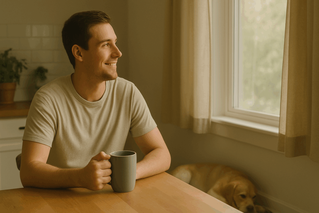Brian Begin A man sits at a wooden table holding a mug, smiling and looking out a window; a dog rests on the floor in the background. Brian Begin Podcast
